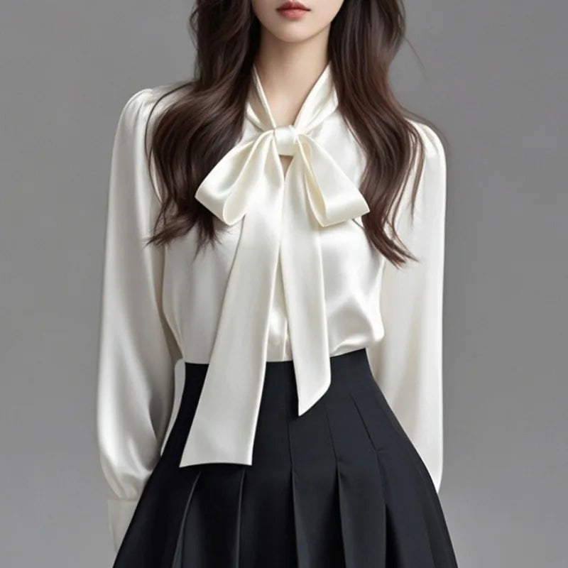 Women Elegant Satin Blouse Bow Tie Neck Puff Long Sleeve Formal Office Work Shirt For Spring Autumn
