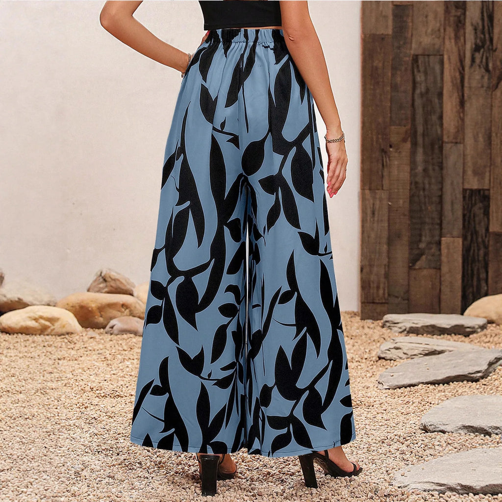 Women High Waist Wide Leg Pants Boho Floral Print Loose Summer Beach Vacation Resort Casual Palazzo Trousers
