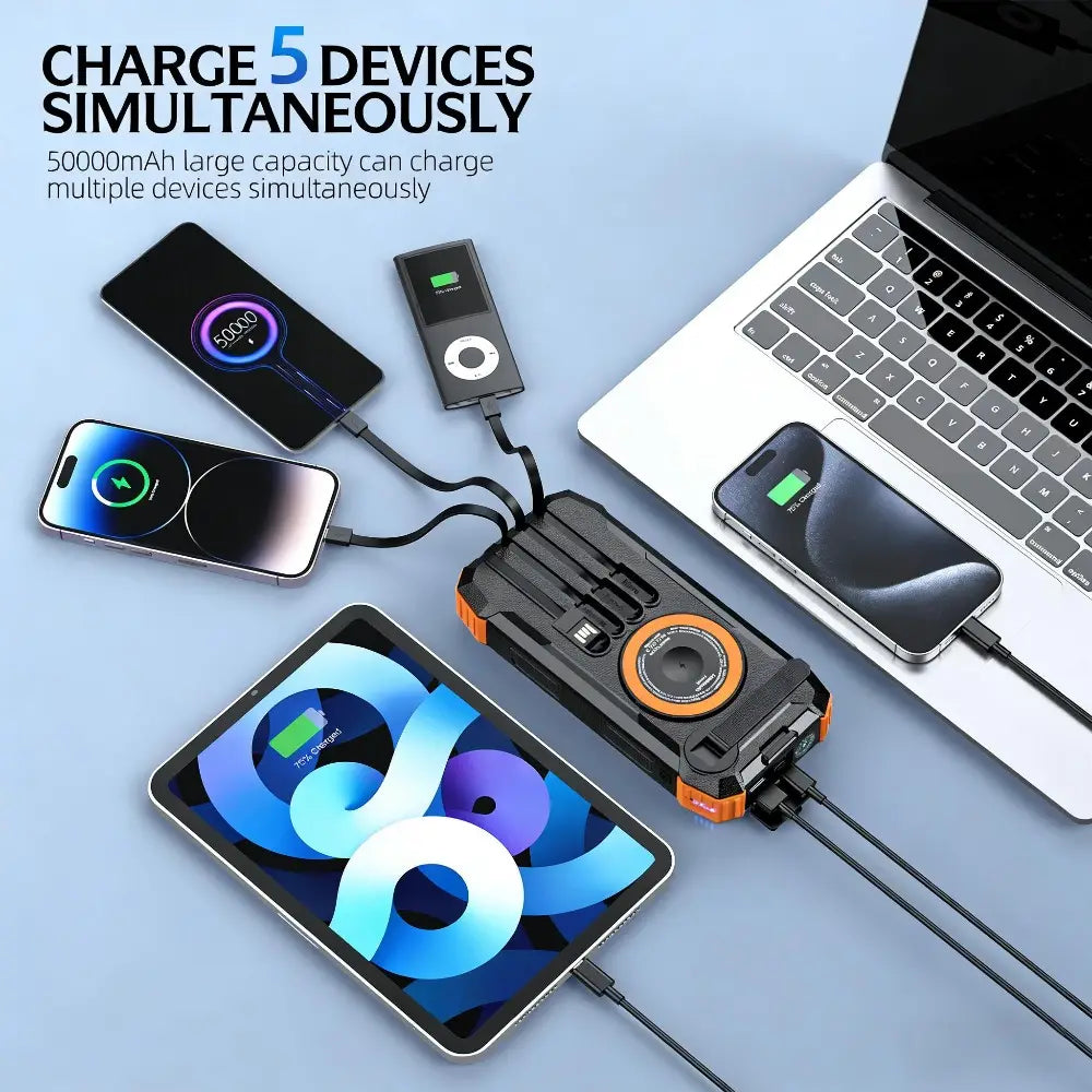 Black and orange rugged portable 50000mAh solar power bank hand crank charger with multiple charging ports designed for outdoor use