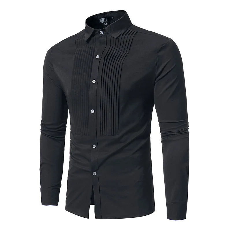 New Men's Fashion Solid Shirt Casual Long Sleeve Slim Party Dress Shirt Front Pleated Design Wedding Dinner Formal Shirt for Men