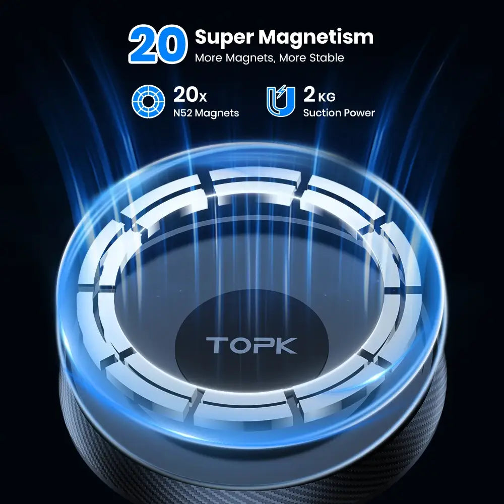 Support de téléphone pour voiture Magsafe Topk avec ventouse magnétique circulaire comprenant 20 aimants N52 et un design d’anneau métallique, vu depuis l’avant