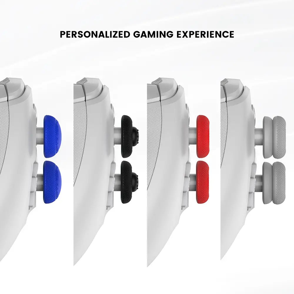 White Gamesir G7 gaming controller with customizable blue black red and gray textured grip covers from the magnetic faceplate and accessories kit.