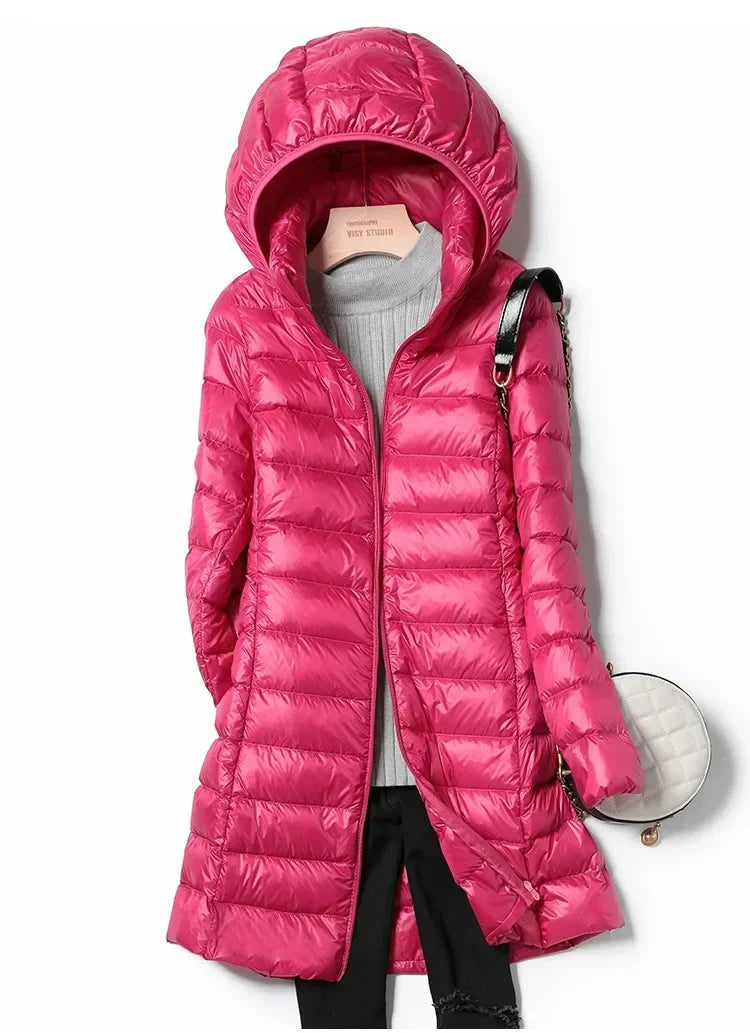 Fashionable Outerwear Winter Women Korean Fashion Slim Remove Hooded Parka Down Jackets Long Light Thin Coat Puffer Jacket
