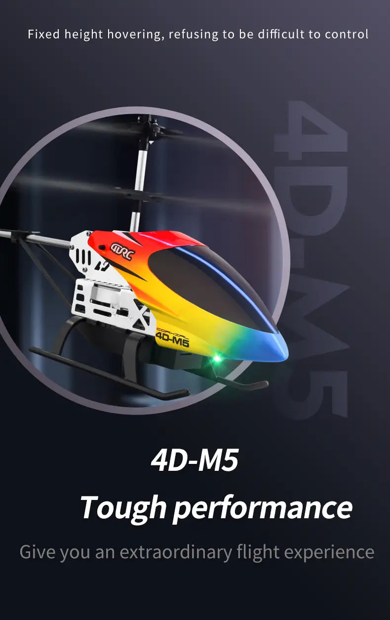 鮮やかな虹色の 4drc m5 リモートコントロール rc ヘリコプター。洗練された空力デザインと、発光する緑色の LED ライトを備え、高度保持機能を搭載しています。