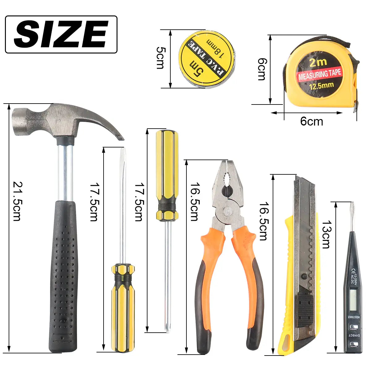 Juego de herramientas manuales domésticas Wozobuy con estuche de almacenamiento negro y amarillo que contiene un martillo, destornilladores, alicates, un cuchillo multiusos, una cinta métrica y un probador de voltaje para un uso doméstico versátil.