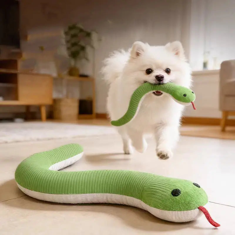 白い腹部と赤い舌を備えた緑のコーデュロイのヘビの犬おもちゃ。おもちゃのタイプのコレクションにおけるインタラクティブな遊びのために設計されたぬいぐるみのペット玩具です。