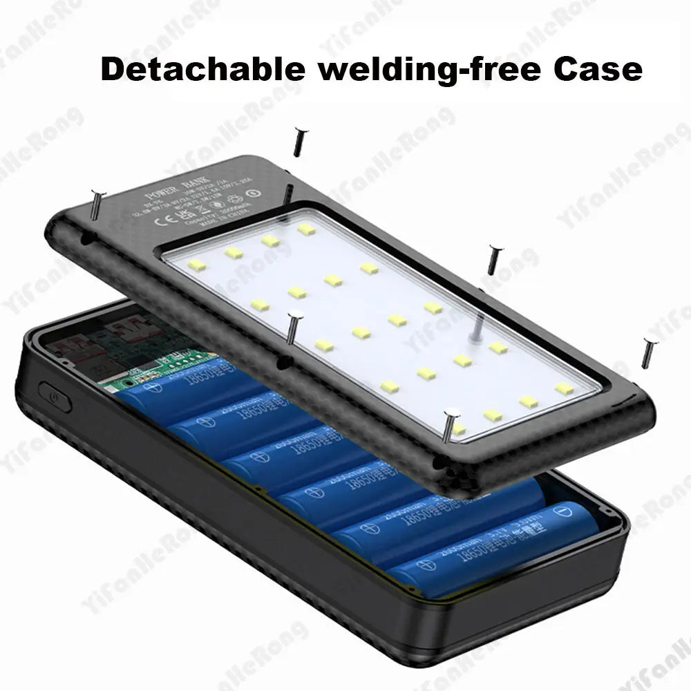 Schwarzes, kohlefaserartig strukturiertes abnehmbares Powerbank-Gehäuse mit rechteckiger LED-Platte und blauen zylindrischen Batterien im Inneren für schnelles Laden von sechs 18650-Batterien