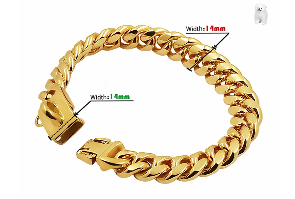 Collar para perro de acero inoxidable color dorado, de 14 mm de ancho, tipo eslabón cubano, gargantilla, con un cierre resistente.