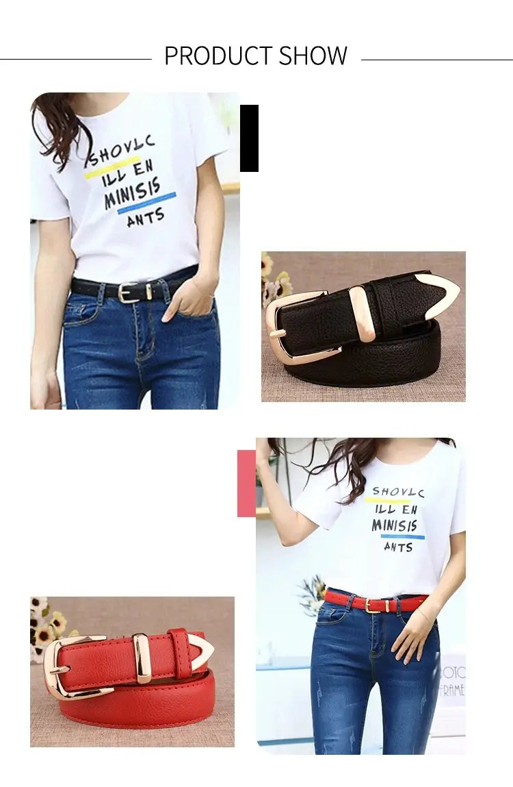 Ceinture en cuir pour femmes, vintage, avec boucle à épingle et passant, en cuir noir et rouge, avec des boucles métalliques ton or.