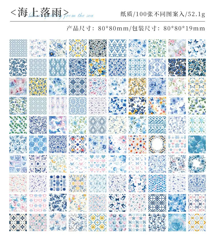 a collection of 100 blue white and pastel patterned vintage scrapbooking paper stickers featuring floral butterfly geometric and abstract designs for journaling supplies