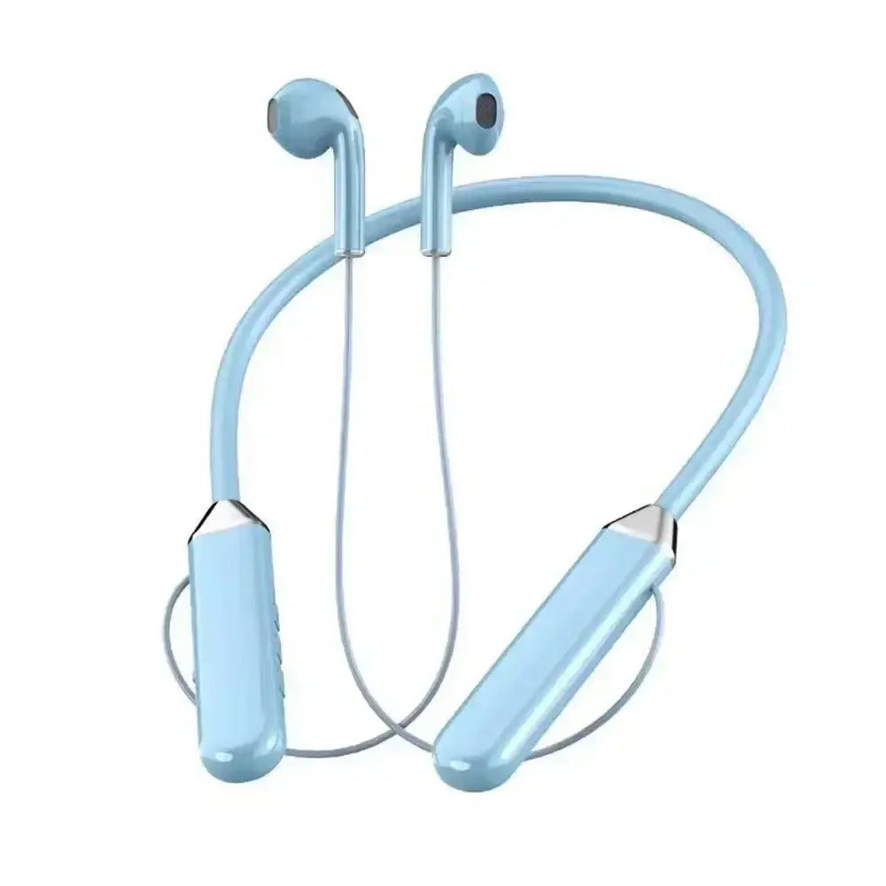 Light blue wireless neckband Bluetooth earphones with sleek smooth plastic earpieces and silver accent tips featuring an LED display.