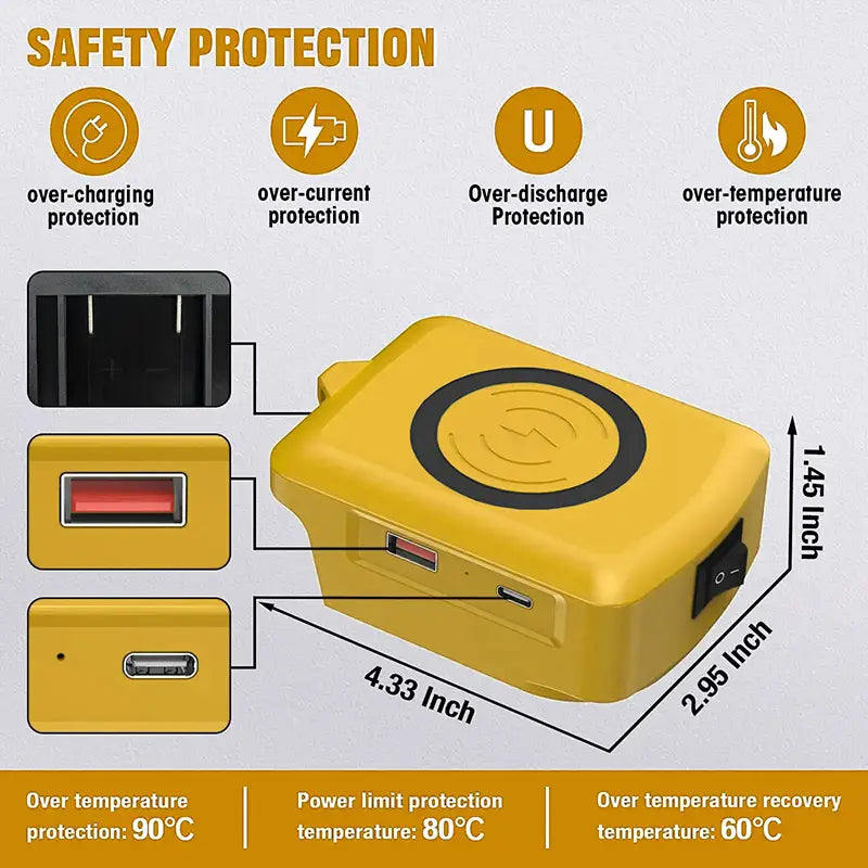 Adaptador rectangular brillante para cargador inalámbrico en amarillo intenso con almohadilla de carga circular negra y múltiples puertos USB, diseñado para la carga inalámbrica de baterías de litio de 18 V.