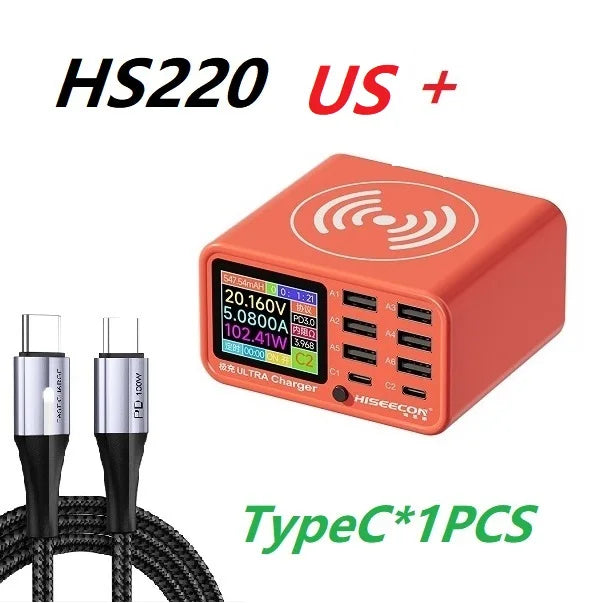Multi Port 100W USB Charger Hub Digital Display Voltage Current Monitor PD QC Fast Charger Smart for Phones Laptops