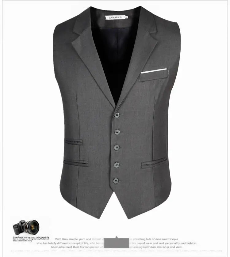 Men slim fit suit vest formal business waistcoat in gray with black inner lining and white pocket square.