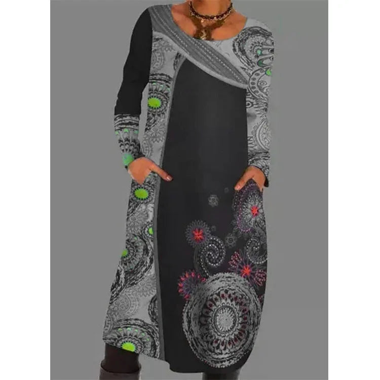 Ethnic Style Casual Dresses Women's Loose Vintage Ruffles Midi Dress Spring Autumn Long Sleeve Boho Printed Party Pocket Dress