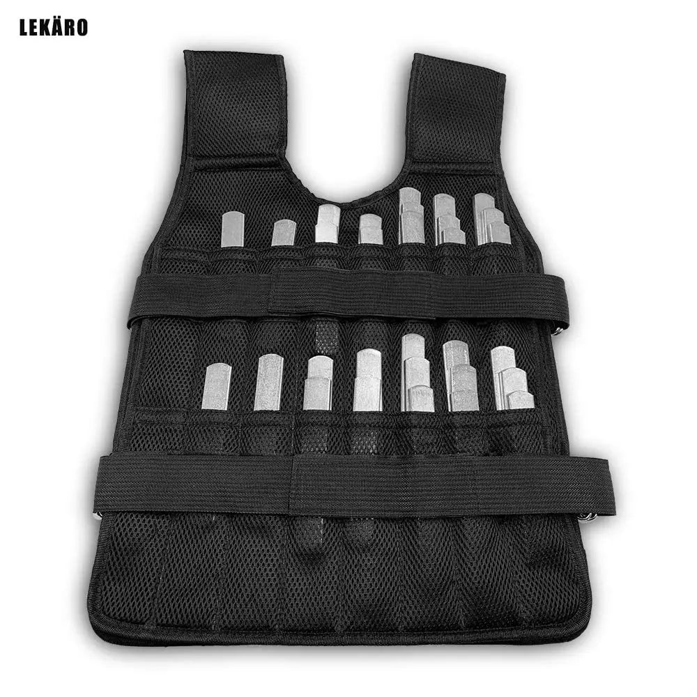 Schwarze Mesh-Lekaro verstellbare Gewichts-Weste mit silbernen Metall-Bleigewichtsplatten für Krafttraining und Übungen zur Gewichtsbelastung