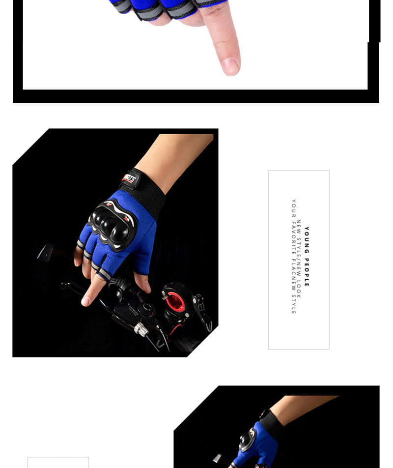Herren- Motorrad-Taktik-Handschuhe mit halben Fingern, die die Rückseite zeigen, in Blau mit schwarzer, verstärkter Polsterung und einem Handgelenkriemen.