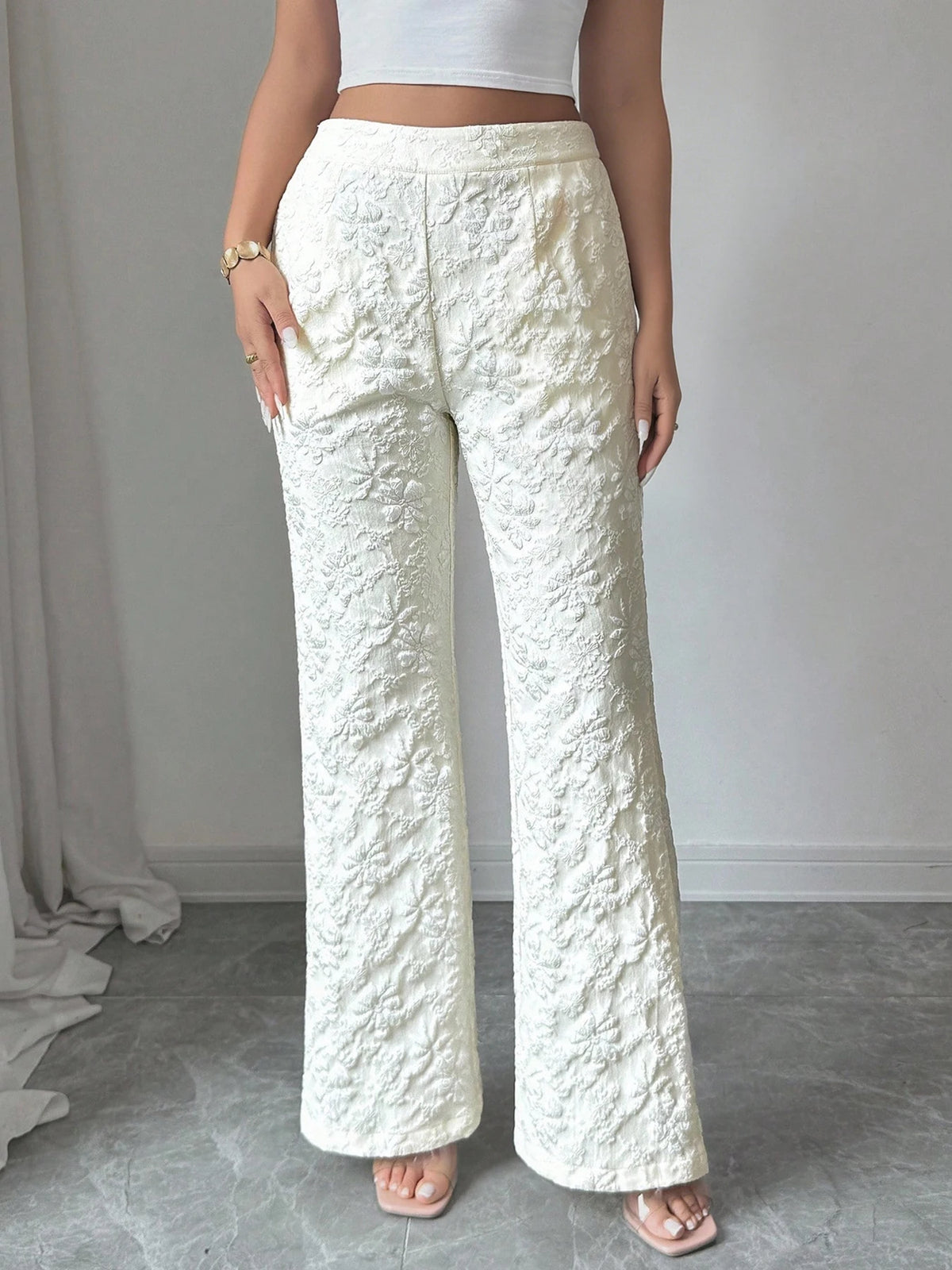 Women Wide Leg Pants Elegant Jacquard High Waisted Pants Elastic Loose Solid Color Casual Pants, for Daily Holiday Street Wear