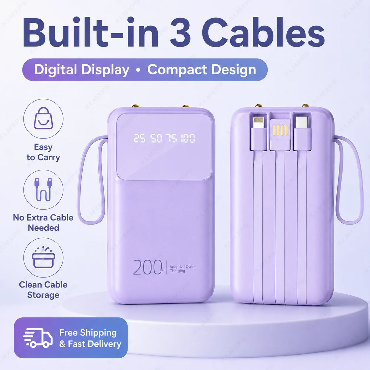 20000mAh Portable Power Bank Built-in 3 Cables Rechargeable External Battery Pack with Digital Display for iPhone Android
