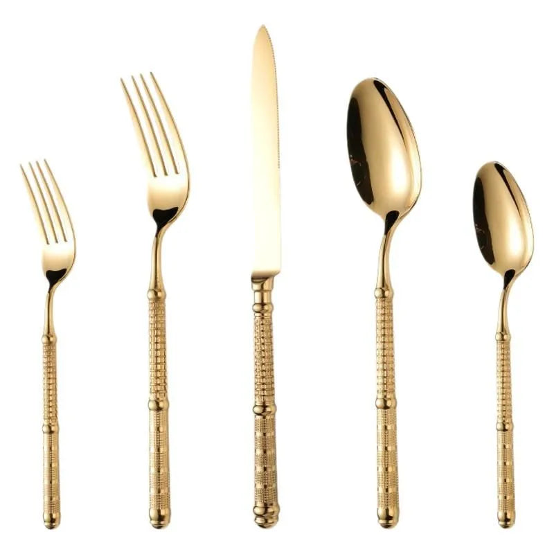 5/Pcs Gold Cutlery Set 304 Stainless Steel Tableware Silver Dinner Retro Embossed Handle Kitchen Dinnerware Cutlery Utensils