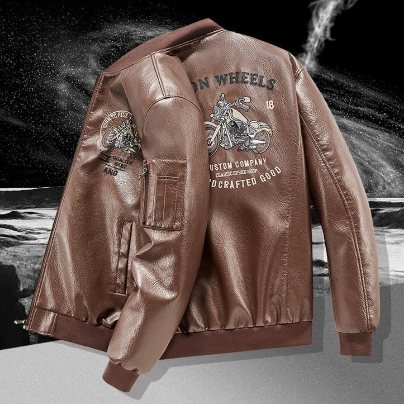 Men's Emboridery Motorcycle Leather Jacket Autumn American Motorbiker Coat Men Baseball Collar Pilot Casual PU Leather Jackets