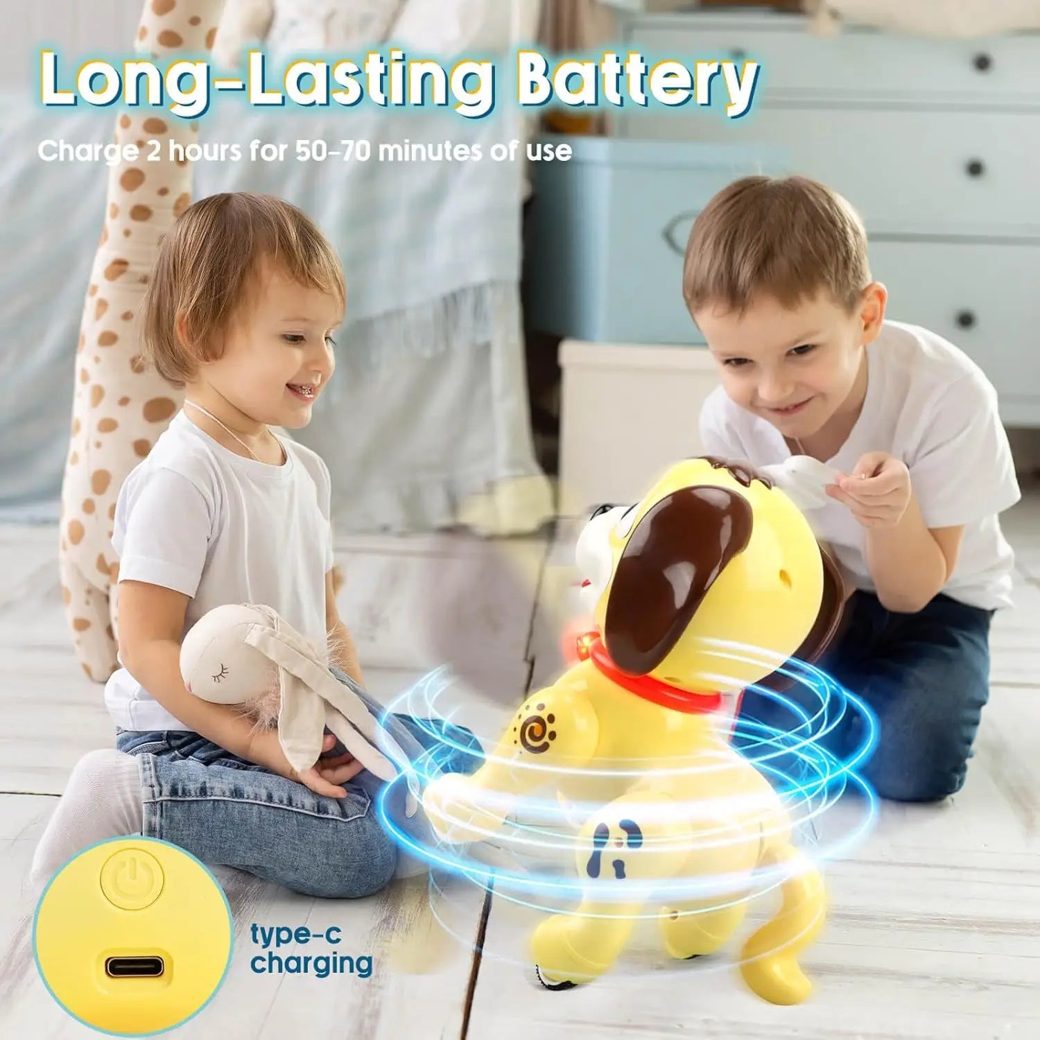 Yellow battery operated remote control dog toy with brown ears and red collar featuring a type-c charging port.