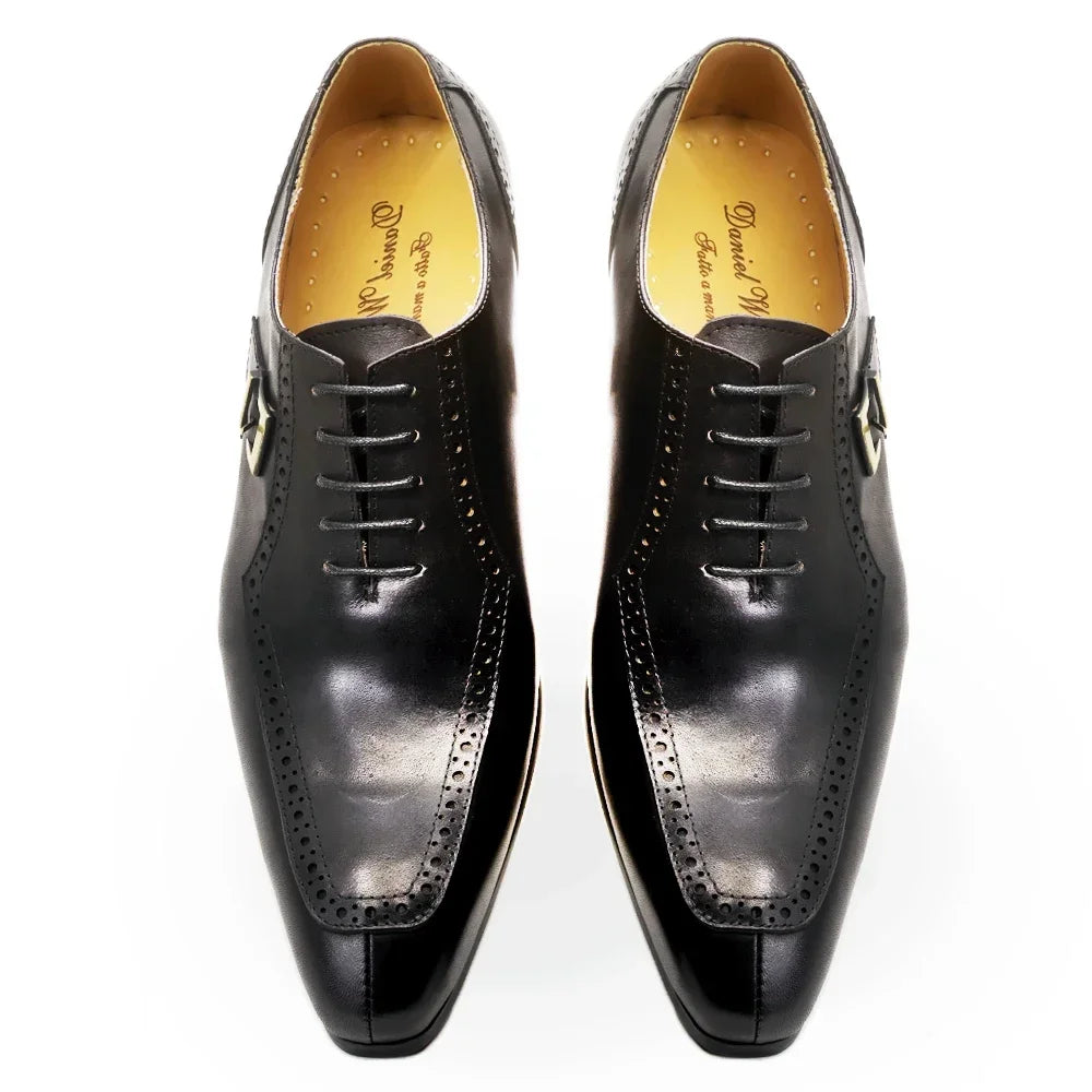 Men's Dress Shoes Size 39-46 Genuine Leather Pointed Toe Lace-Up Oxford Brogue Buckle Business Wedding Company Shoes