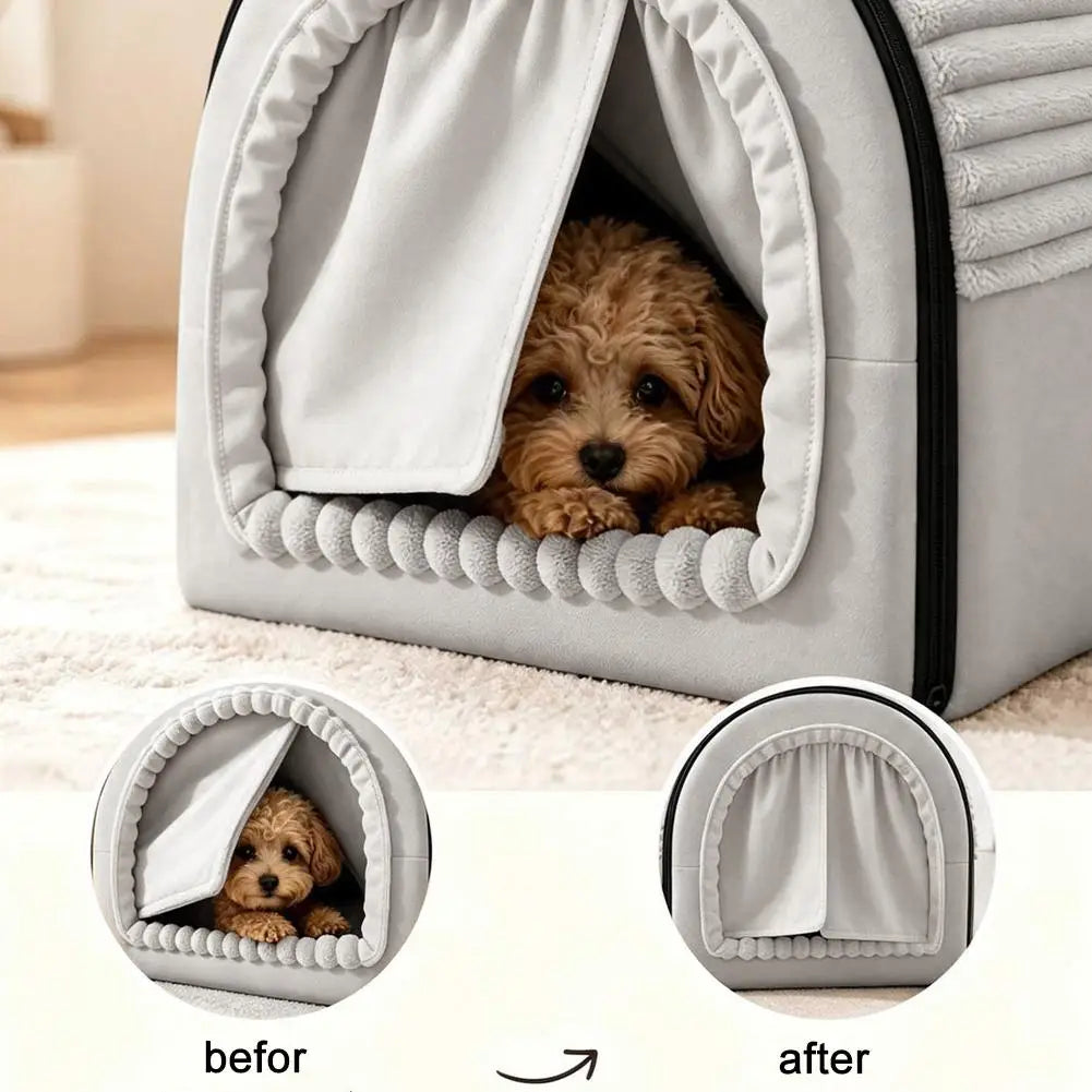 A cozy light gray pet bed made of washable warm cotton with a soft fabric exterior and plush pom-pom trim around the entrance.