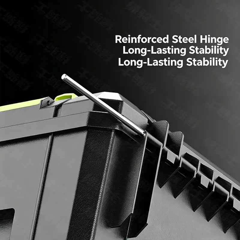 Modular stackable tool storage box in black with lime green accents featuring a black plastic body and a reinforced steel hinge.