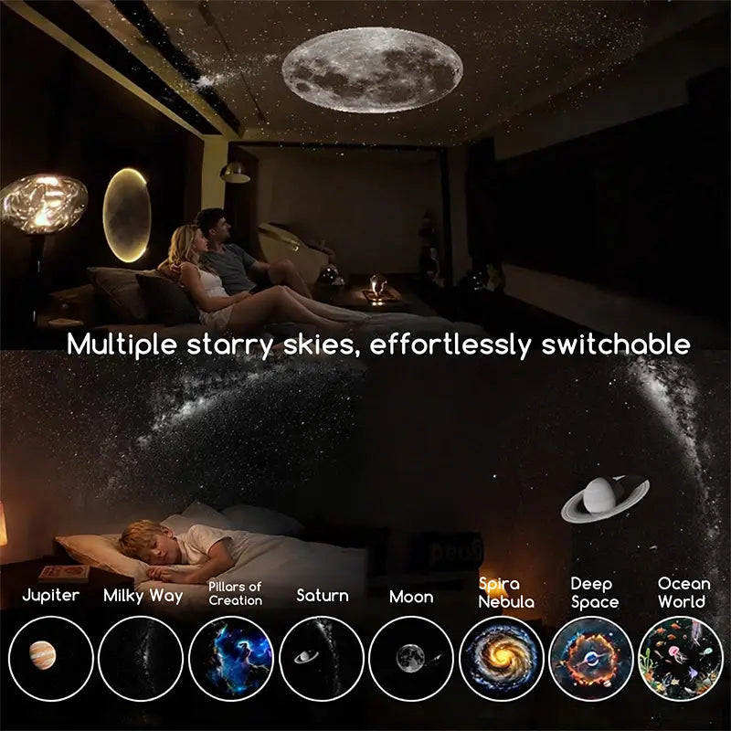 Ein runder, an der Decke montierter USB-Auto-LED-Sternenlicht-Nachtlicht-Projektor, der eine detaillierte, realistische Mondoberfläche mit umliegenden Sternfeldmustern darstellt.