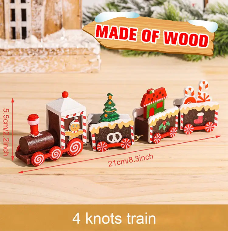 A festive wooden Christmas train toy holiday decoration with four red and white candy cane striped carriages including a gingerbread house, a Christmas tree, and a sleigh carrying presents.