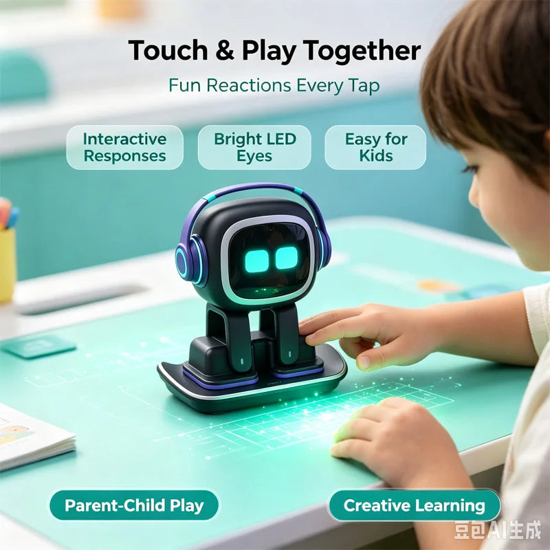Smart Interactive Desktop Robot Toy with LED Dynamic Expressions, Touch Control, Dance Music & Charging Dock, USB Rechargeable