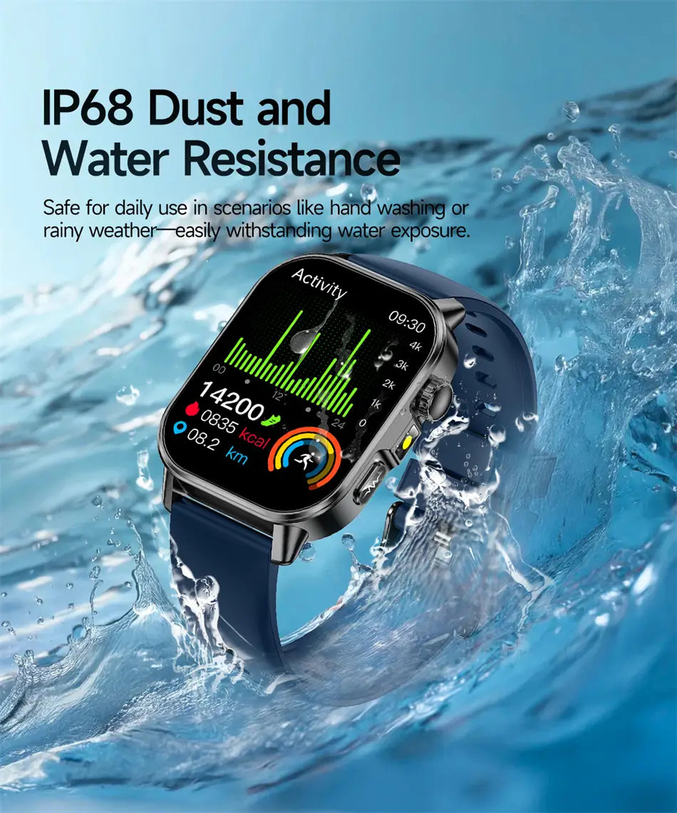 Blue silicone strap ecg health monitoring smart watch with black bezel and silver-tone case displaying activity metrics and blood pressure tracking features