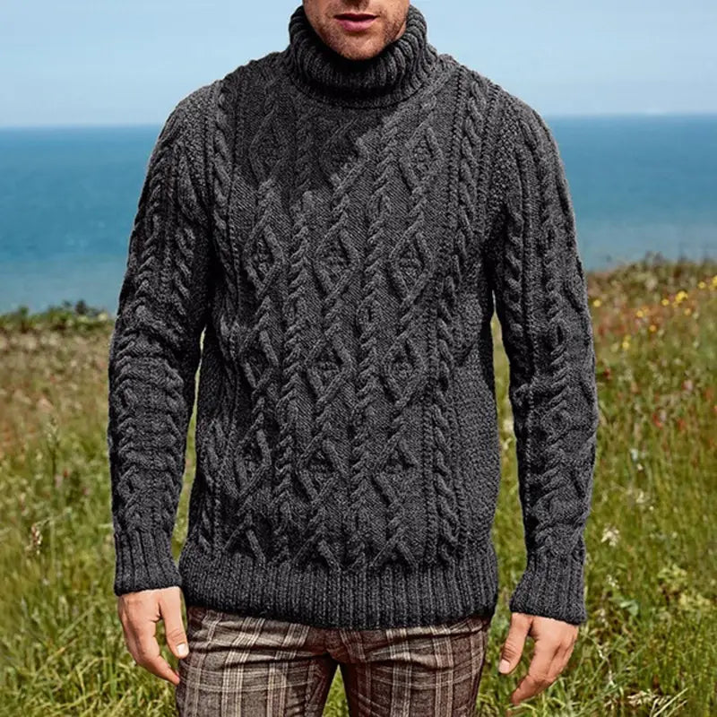 Men turtleneck cable knit sweater in dark gray featuring intricate diamond-patterned weaving.