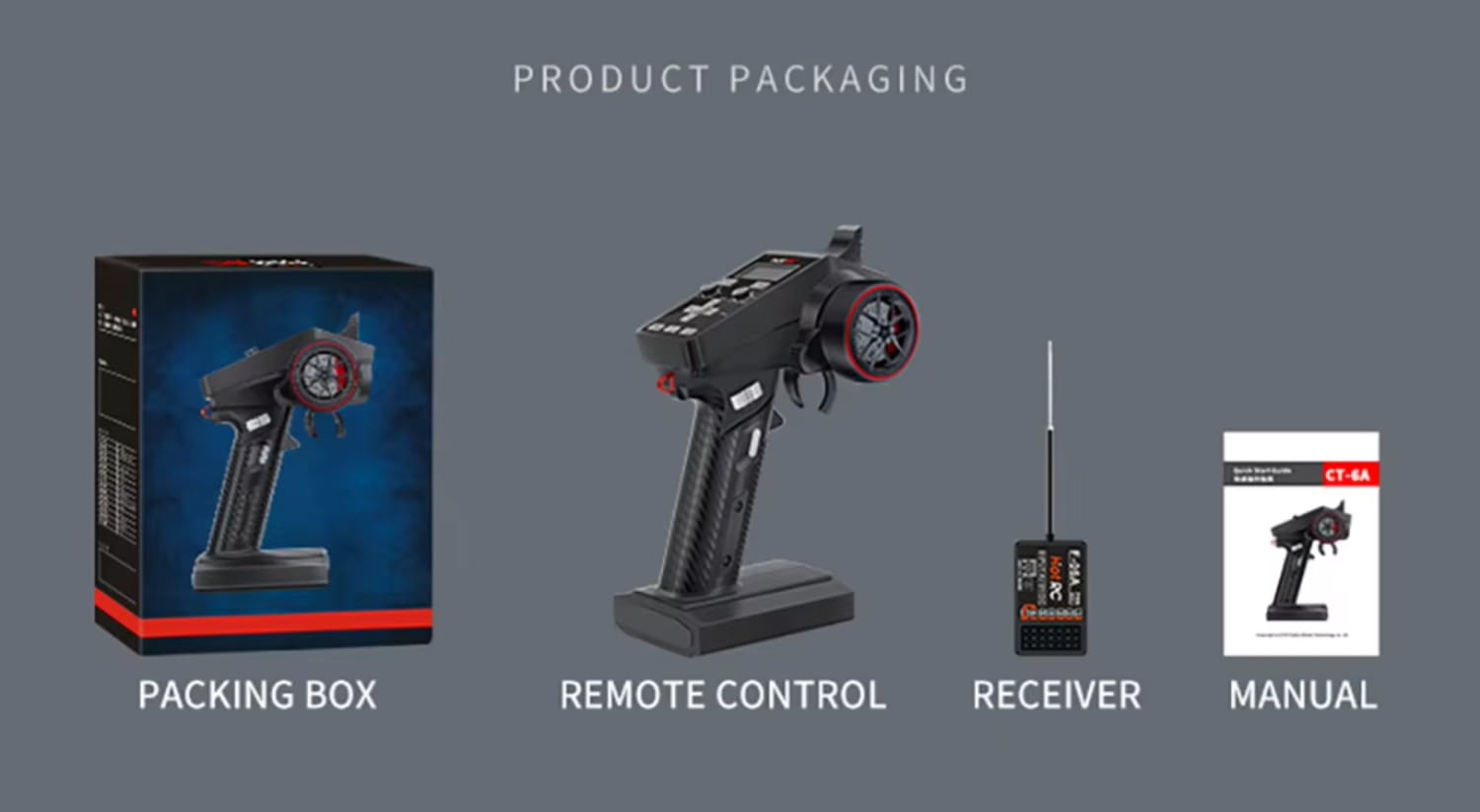 Control remoto negro ct-6a para coche y barco con acentos rojos y una empuñadura texturizada para un manejo mejorado.