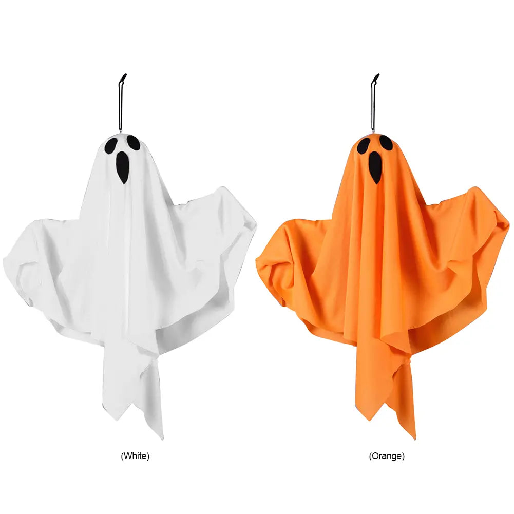 led hanging ghost halloween decoration featuring white and orange lightweight fabric ghosts with black embroidered eyes and mouth.
