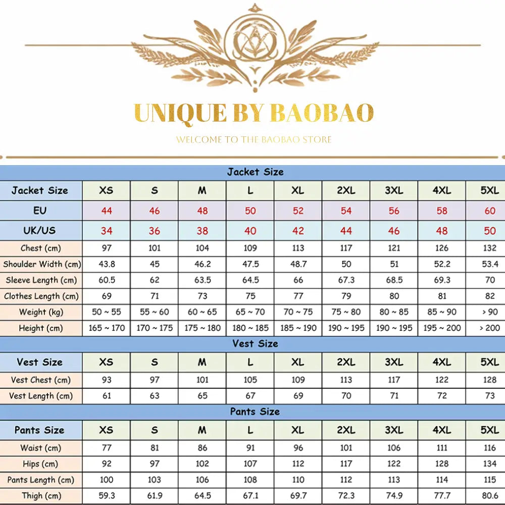 La tabla de tallas de la chaqueta del traje de hombre de tweed marrón de tres piezas, de una sola hilera, entallado sencillo de Unique by baobao muestra medidas detalladas en unidades europeas, británicas/estadounidenses y imperiales, en tallas desde xs hasta 5xl, destacando el tipo de cierre para fines de envío directo.