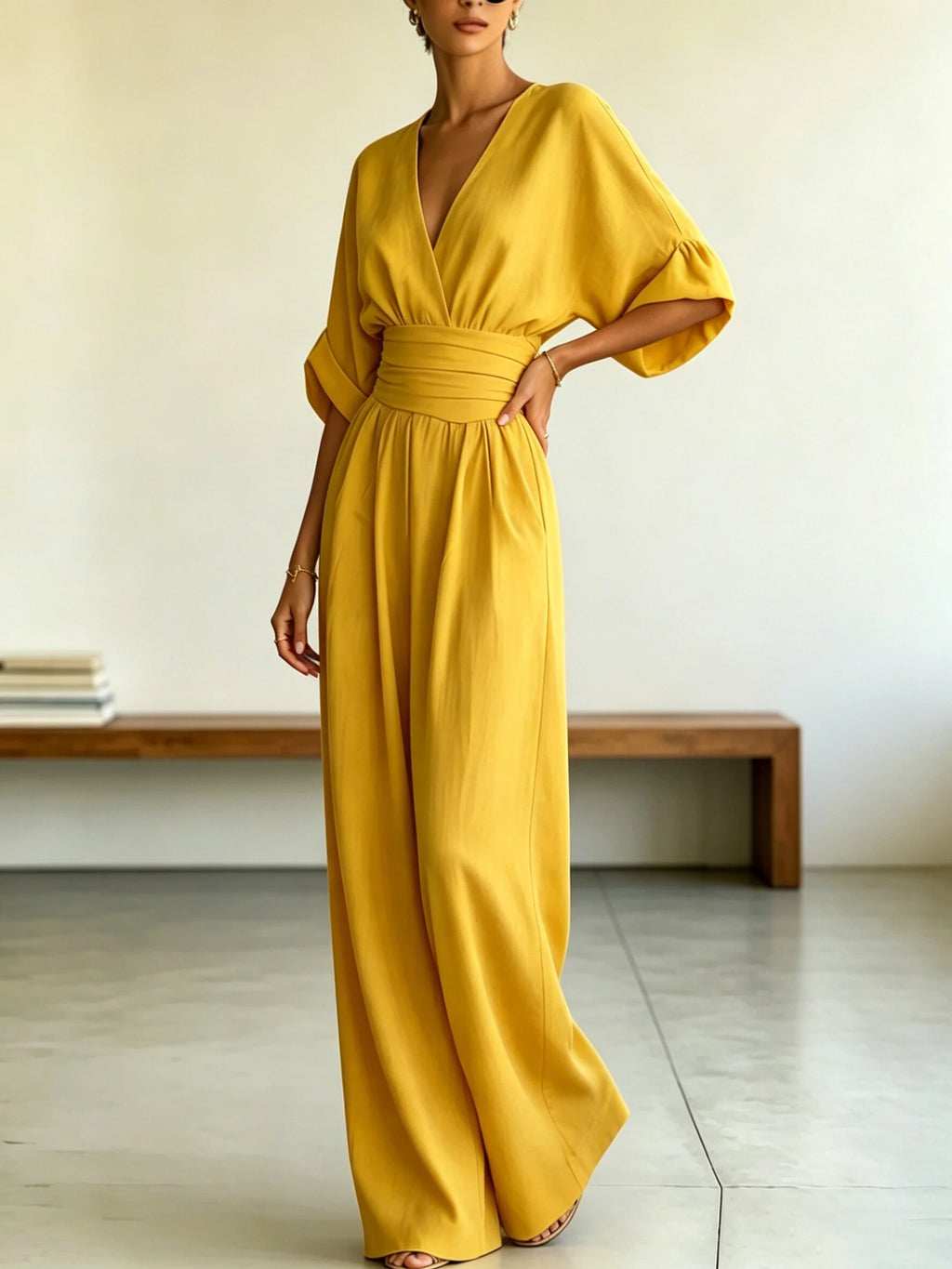 Women V Neck Jumpsuit Batwing Short Sleeve Wide Leg Long Pants Romper Elastic Waist Pleated Casual Party Jumpsuit Multiple Color