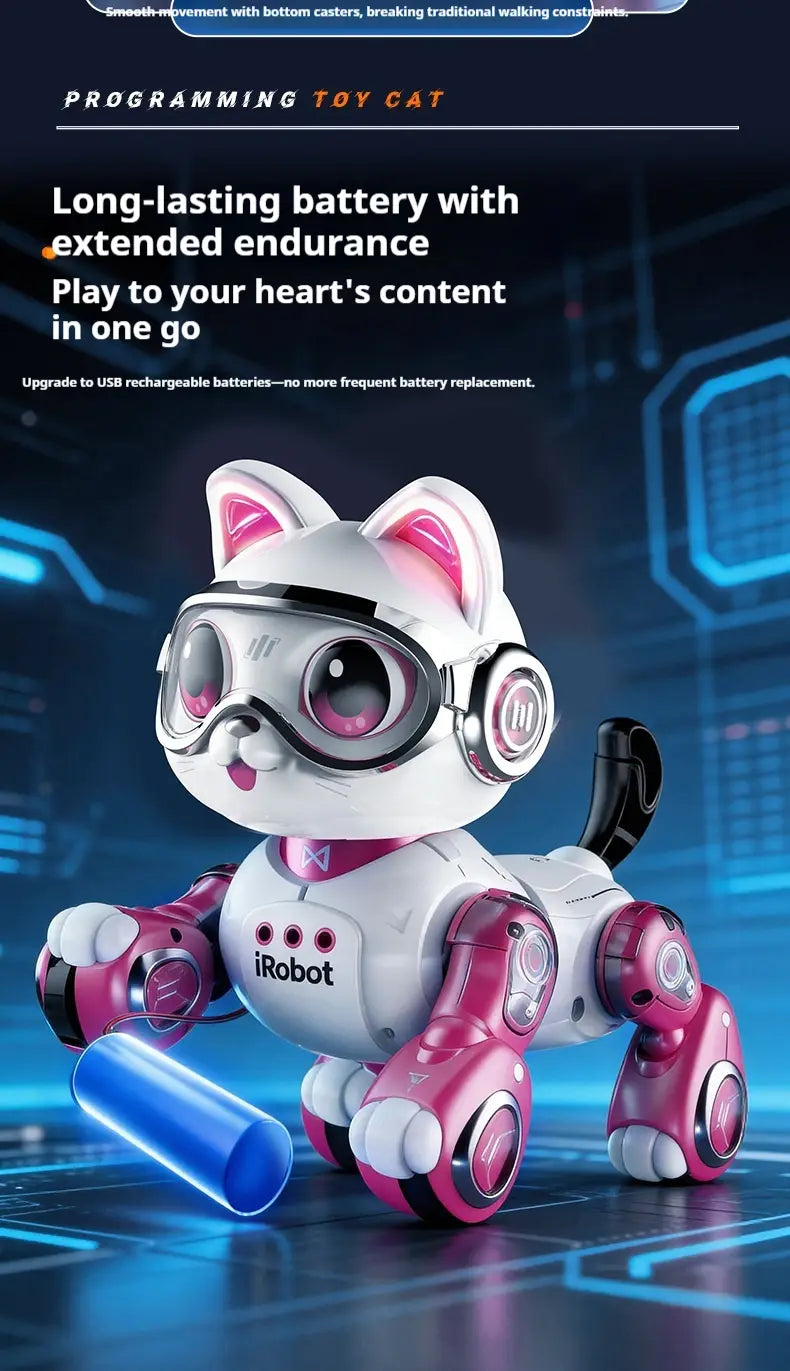 a white and pink irobot programmable robotic cat toy with metallic joints and goggles shown with a blue cylindrical object next to it for remote control use
