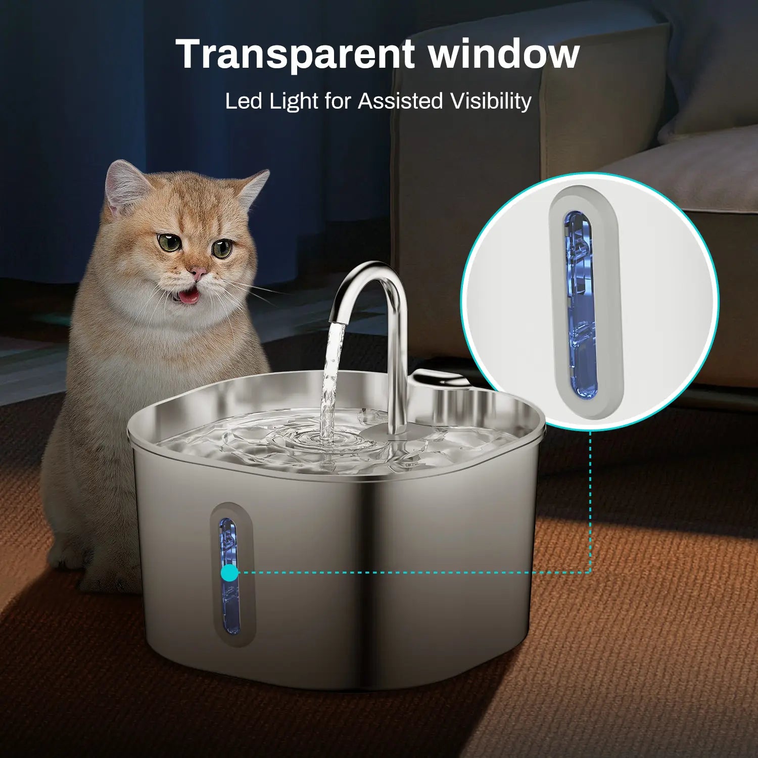 Silberner Edelstahl-Futter- und Trinkbrunnen für Haustiere mit transparentem Sichtfenster und LED-Licht zur verbesserten Sichtbarkeit; mit einer Wasserpumpe für einen kontinuierlichen Fluss