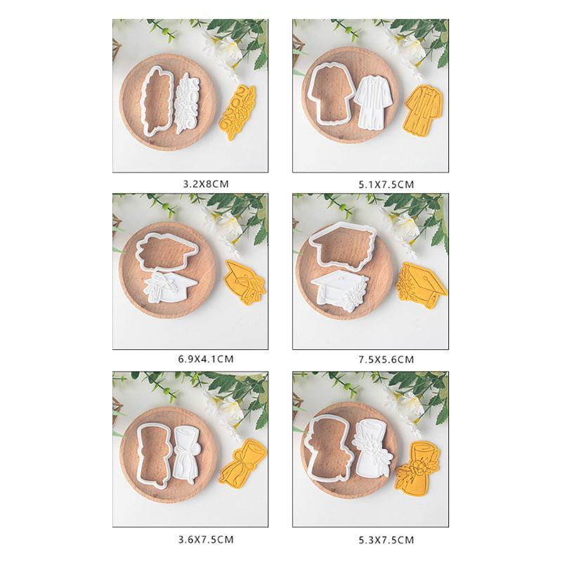 Set of six white plastic 2026 graduation-themed cookie cutters with matching yellow silicone molds featuring distinct caps and gowns designs.