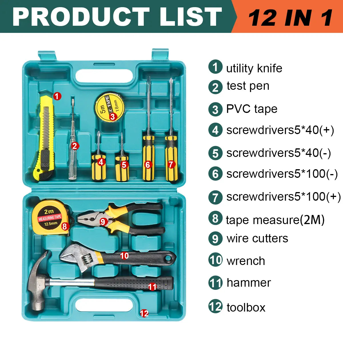 Juego de herramientas manuales domésticas Wozobuy con estuche de almacenamiento con caja de herramientas de plástico color verde azulado que contiene un set de 12 piezas de destornilladores, alicates, cortadores de alambre, llaves, martillo, cintas métricas, cuchillo multiusos, probador de voltaje y cinta para PVC, todos con mangos amarillo y negro.