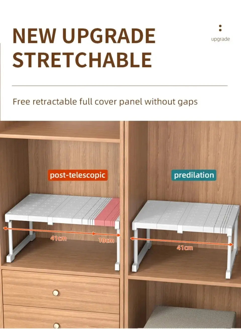 Organisateur d’armoire télescopique extensible blanc avec étagères empilables et panneau de couverture intégral rétractable pour un rack de rangement des vêtements ajustable.