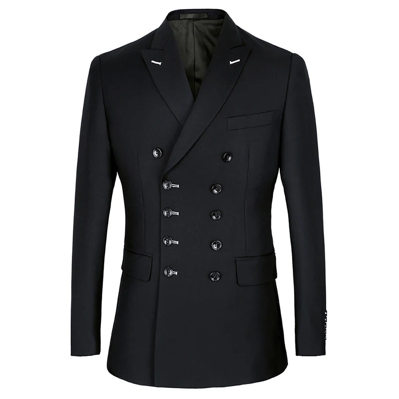 Shenrun Men Suits Slim Fit New Fashion Suit Double Breasted Peak Lapel Navy Blue Black Wedding Groom Party Prom Skinny Costume
