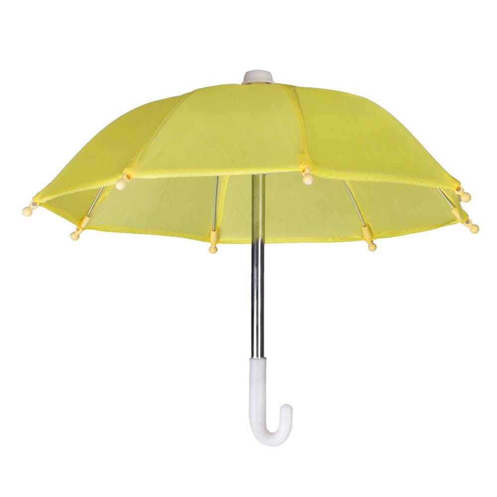 Mini doll umbrella BJD accessory featuring a bright yellow canopy with small decorative beads along the edges and a silver shaft with a white handle.