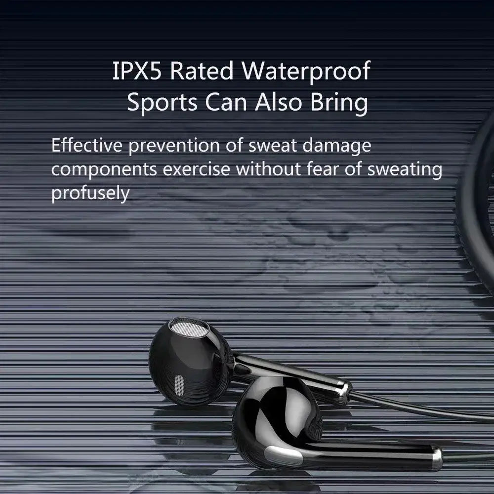 Schwarze kabellose Nackenbügel-Bluetooth-In-Ear-Sportkopfhörer mit schlankem glänzendem Finish und metallischen Akzenten an den Stielen, mit LED-Display.