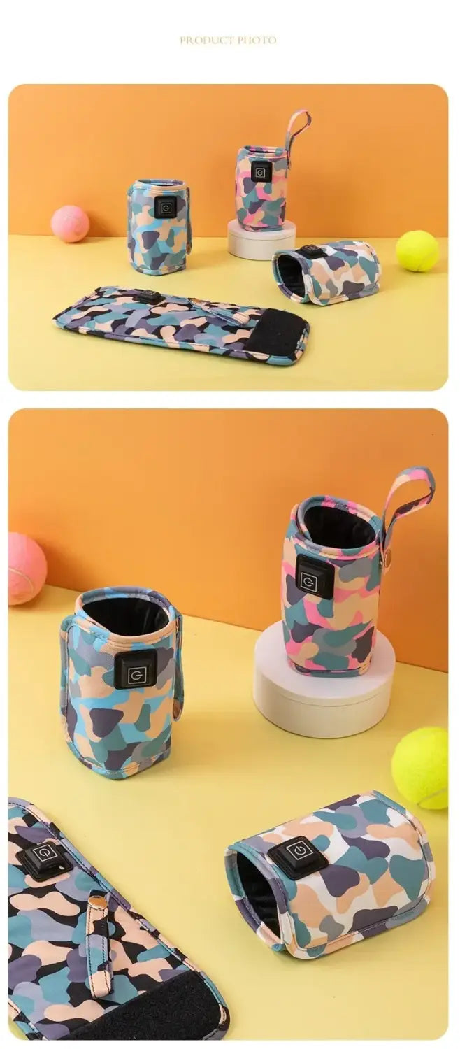 USB-Tragetasche für Babyflaschenwärmer mit tarnmusterartigem Neopren- beheiztem Armwärmer, schwarzem rechteckigem Bedienfeld und Stoffschlaufen-Griff.