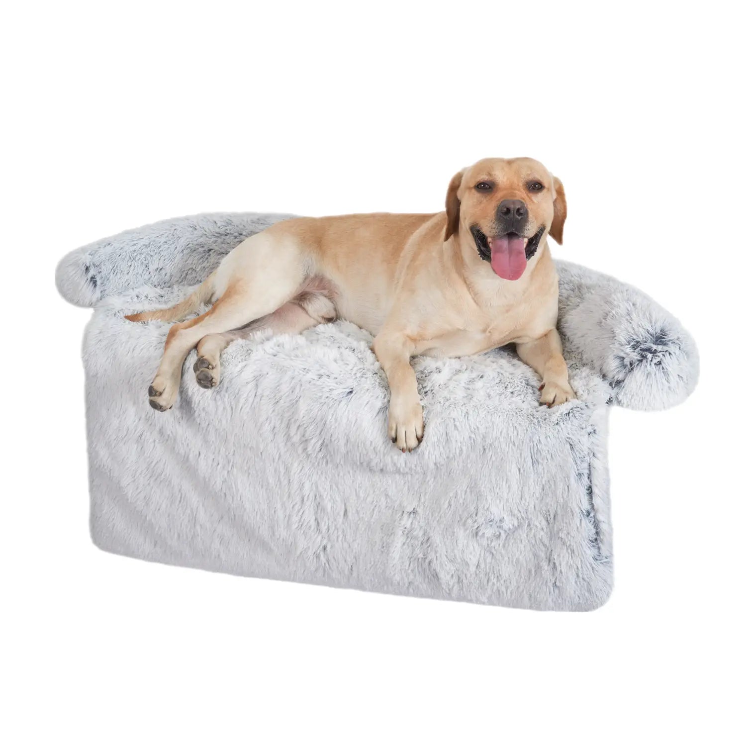 A plush light gray faux fur dog bed sofa with soft fluffy texture and rounded armrests designed as a washable warm nest.