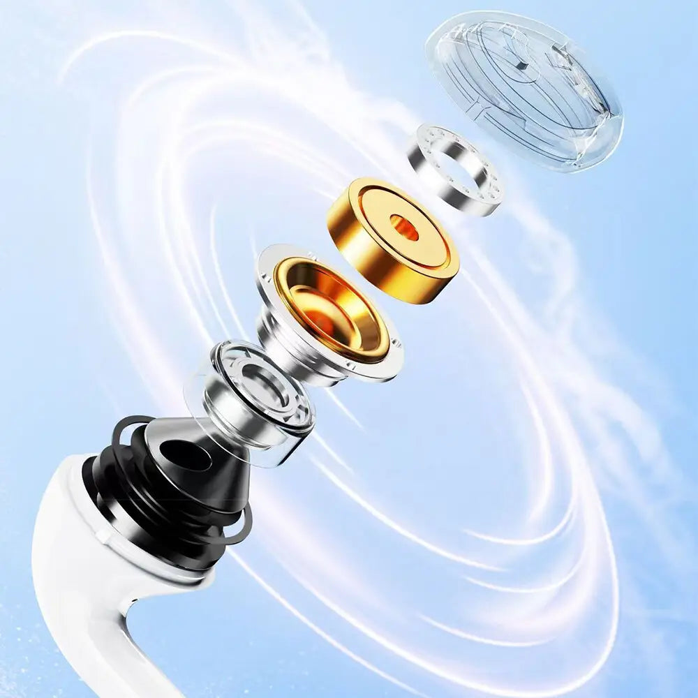 white riksoin wired usb c earbuds with microphone showing gold and silver internal components in a disassembled view