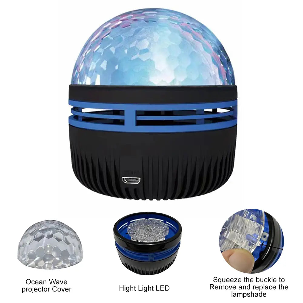 Projecteur de boule disco à DEL bleu et noir, avec coupole en cristal facettée, conçu comme une veilleuse à projection de ciel étoilé.